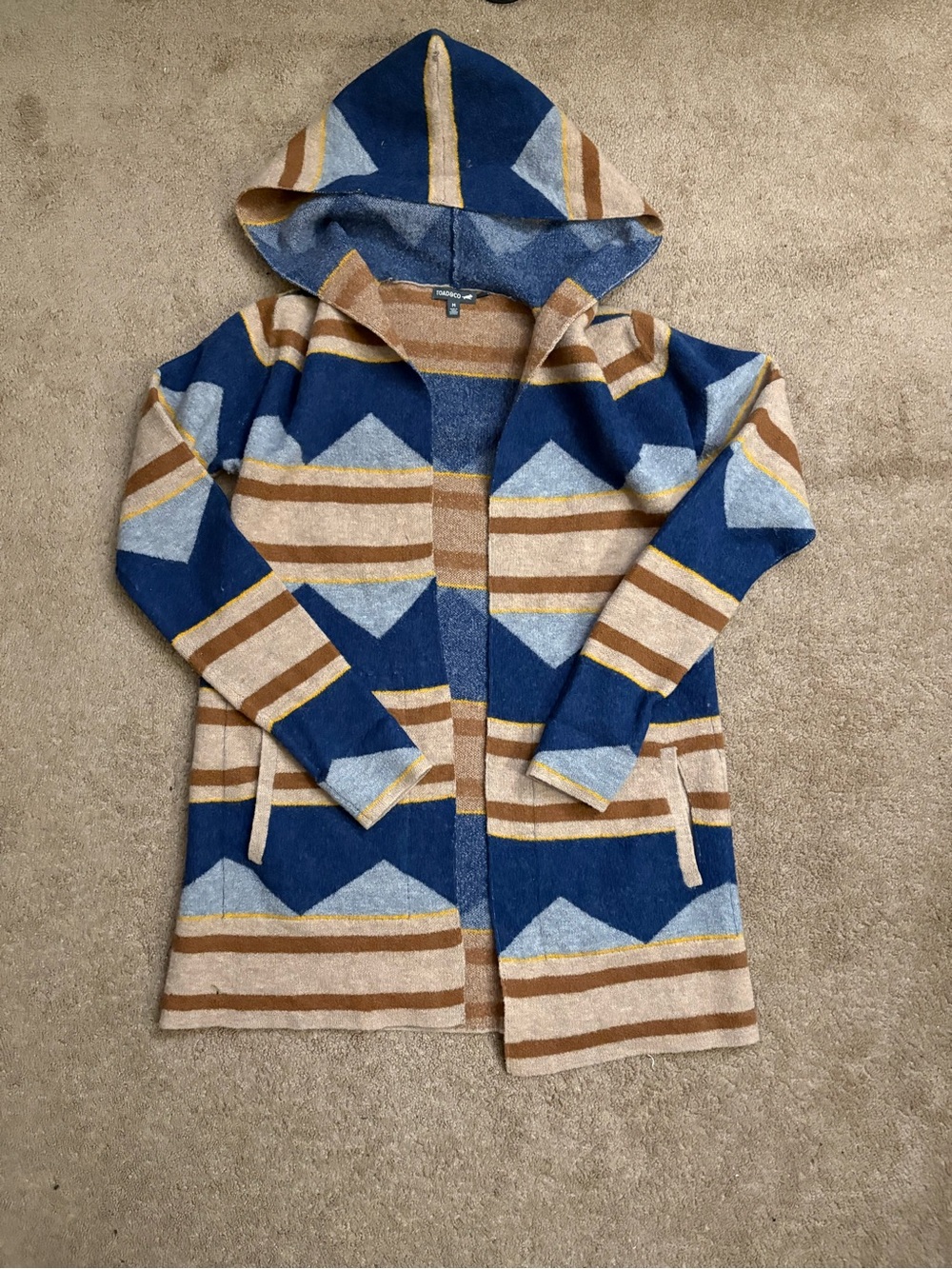 Toad & Co Heartfelt Merino Hoodie Open Cardigan Sweater Medium Beige Blue Stripe